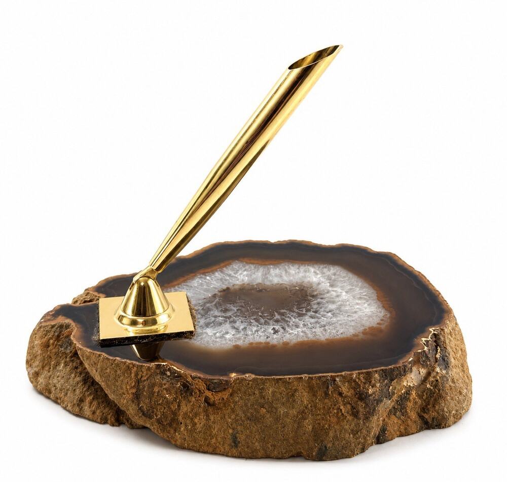 Vintage Manuel Russo Agate Slice Desk Pen Holder w/ Gold Tone Pen 5.5” - Picture 2 of 8